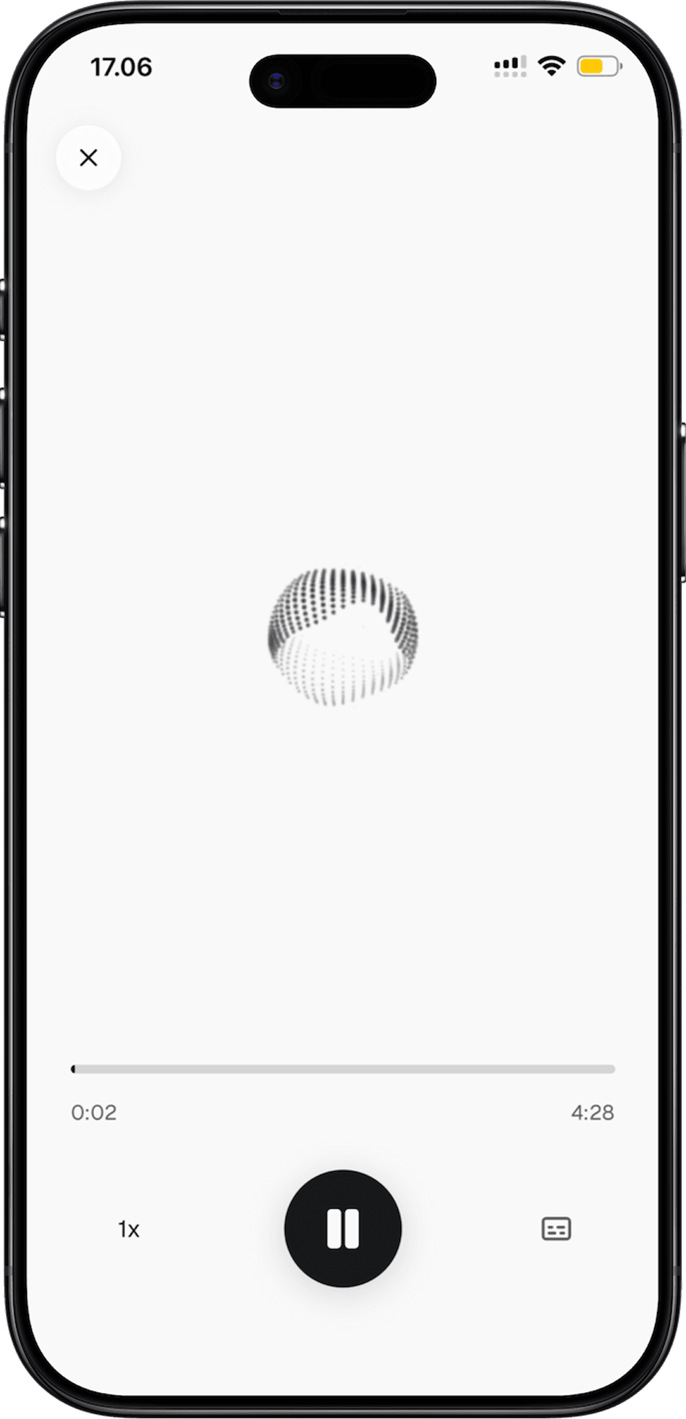 The Lexie audio player: a scrubber part way through, the speed control and the captions toggle
