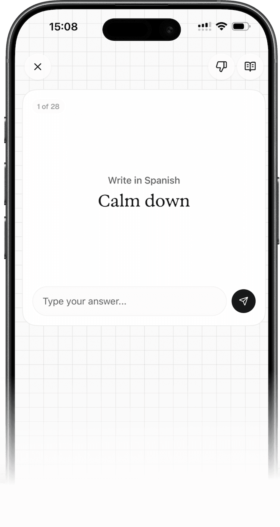 A Lexie question asking how to write “calm down” in Spanish, with an answer box