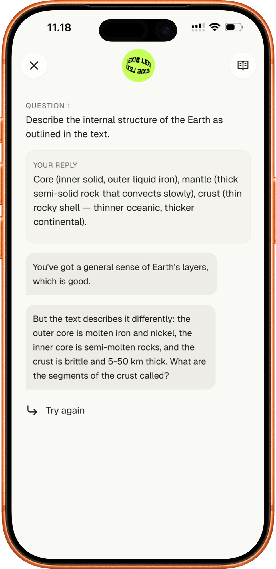 An open-ended question, a written answer, and Lexie's feedback asking the student to try again