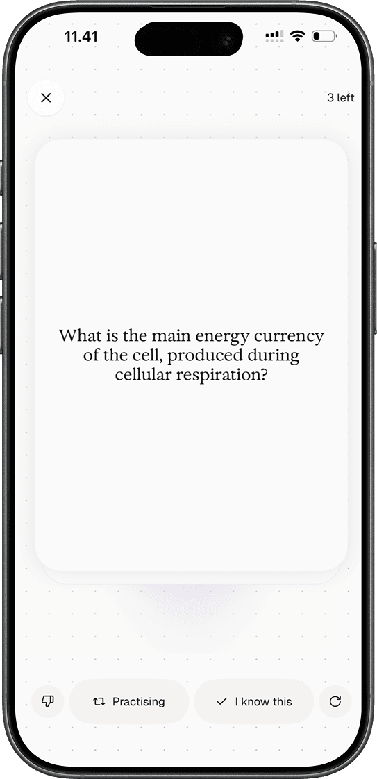 A Lexie flashcard asking for the main energy currency of the cell