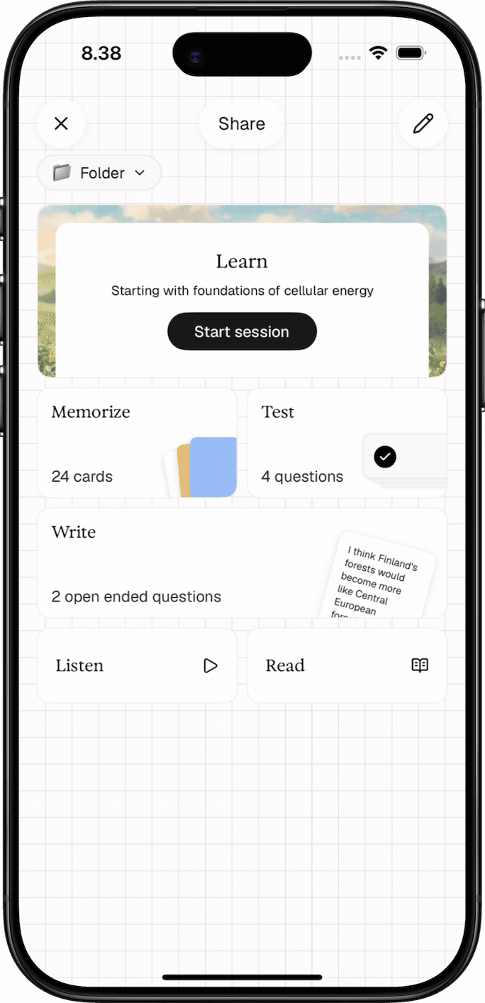 A study set with flashcards, a test, written questions, listening and reading