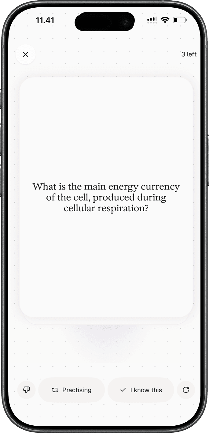 A practice card asking for the main energy currency of the cell