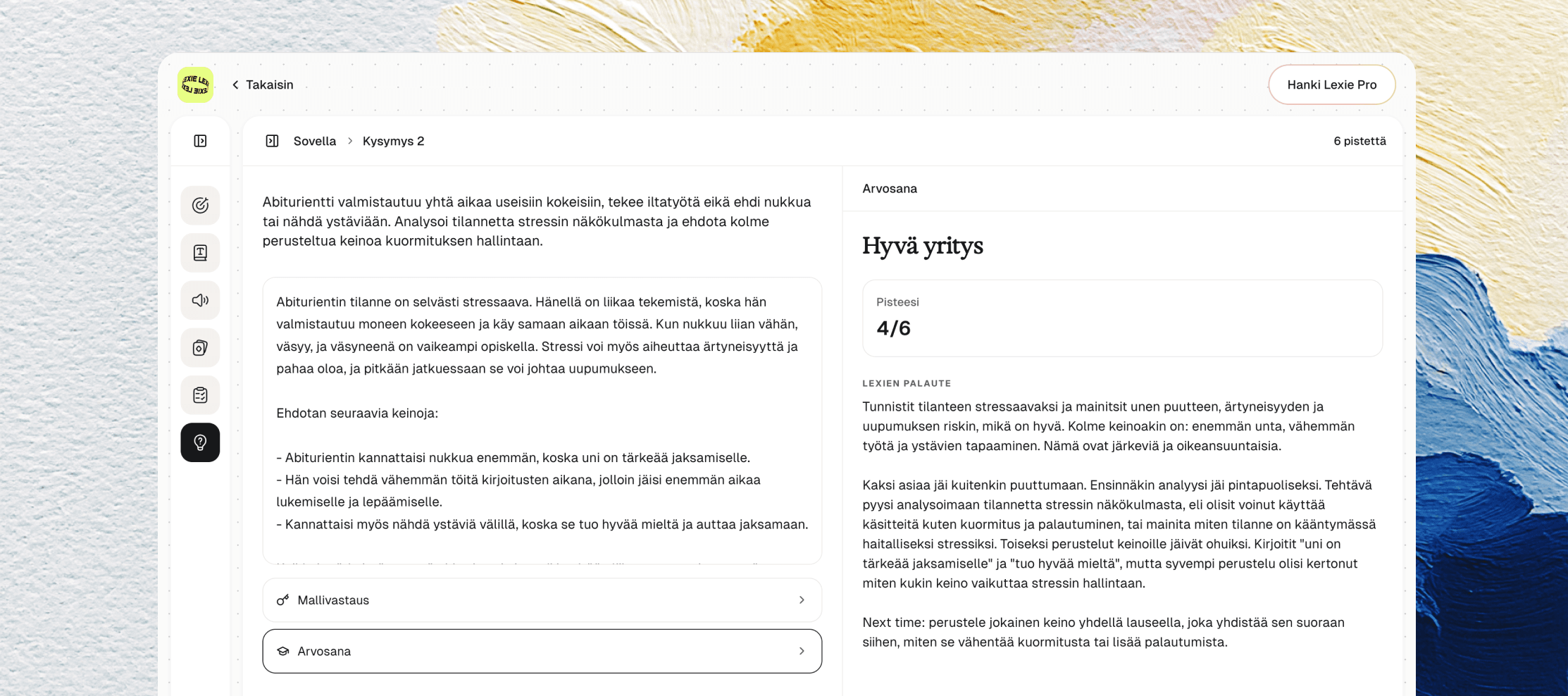 Lexien avoin kysymys ja palaute terveystiedon vastauksesta